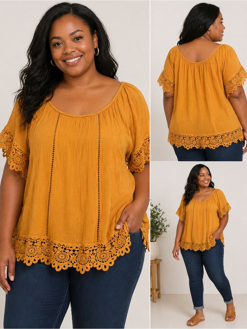 Always Indigo Mustard Boho Crochet Trim Blouse 3X Plus Size